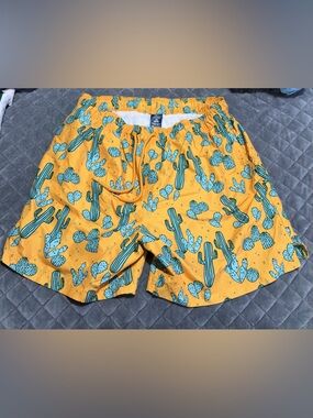 George Yellow Swim Shorts with Teal Cactus Print